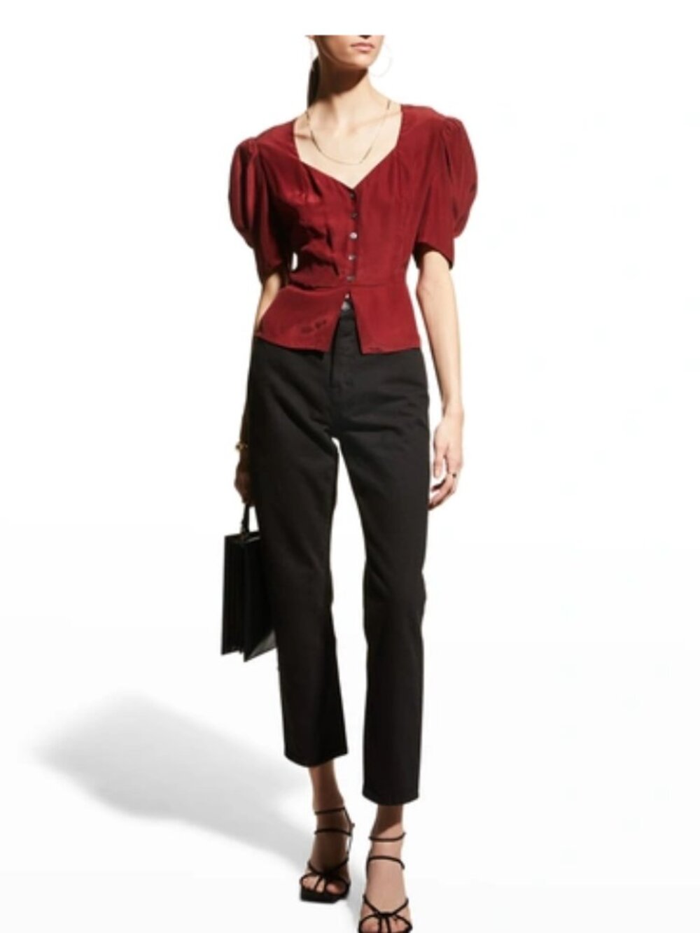 FRAME Shirred Silk Peplum Bloouse In Oxblood